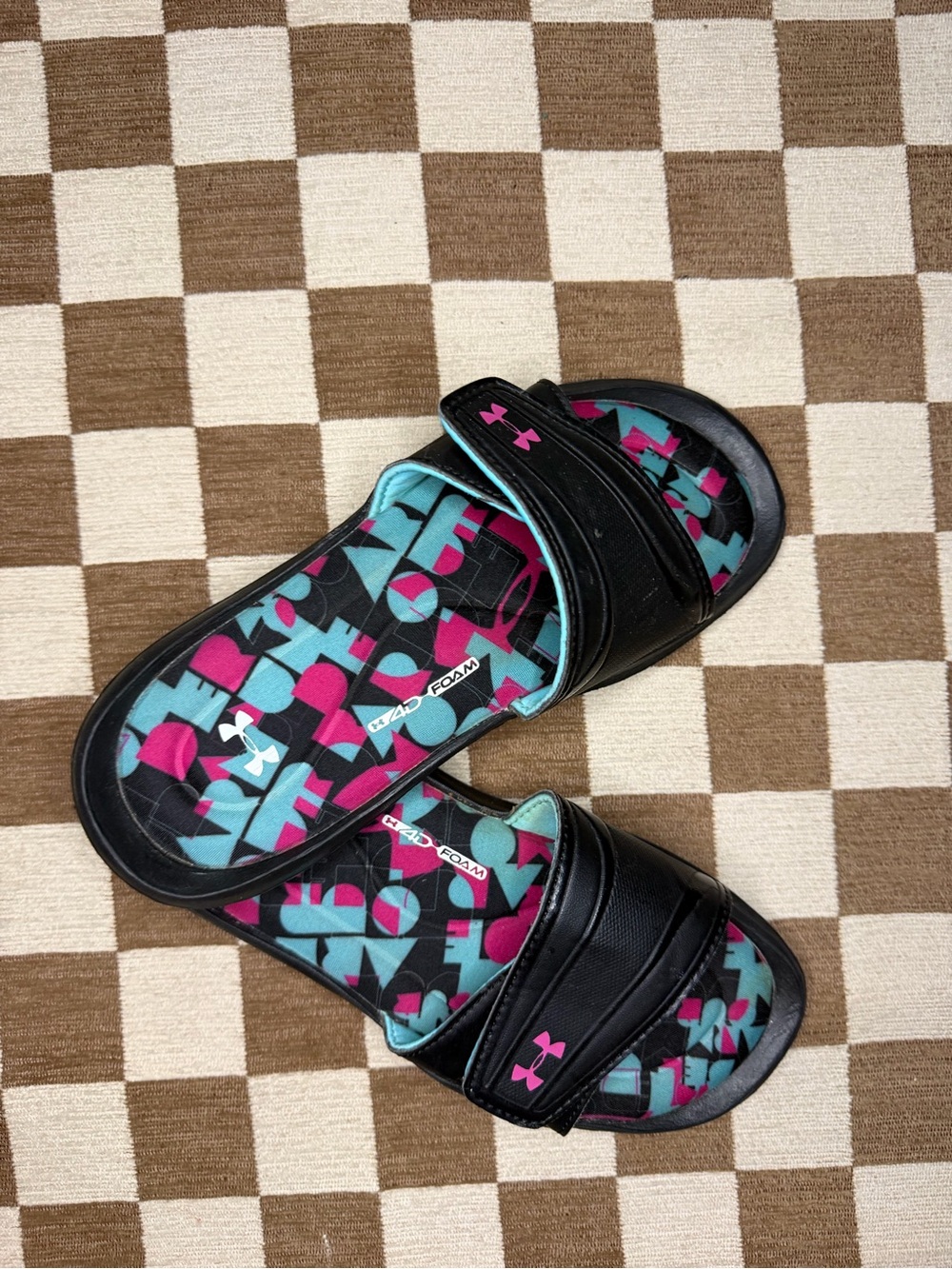 Under Armour Black Slides with Pink & Teal foam